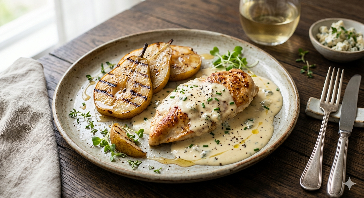 Filé de Frango ao Creme de Gorgonzola e Pera Grelhada no Mel