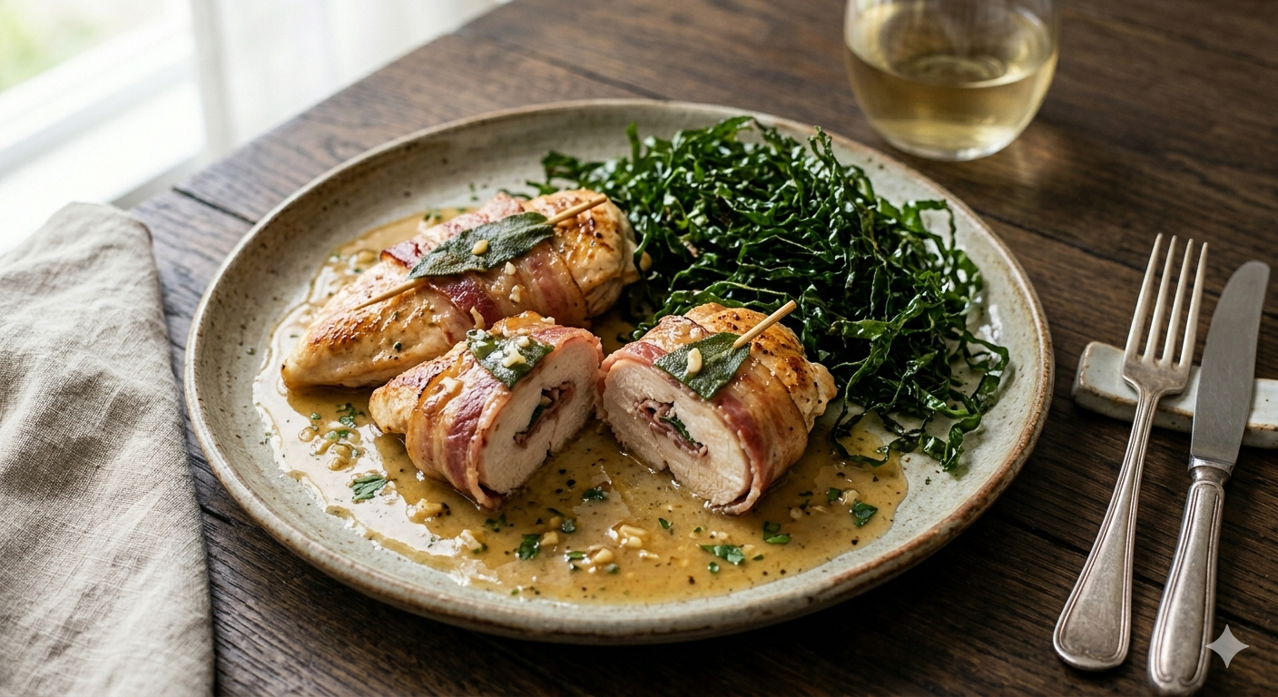Filé de Frango Saltimbocca à Brasileira com Bacon e Couve Crispy