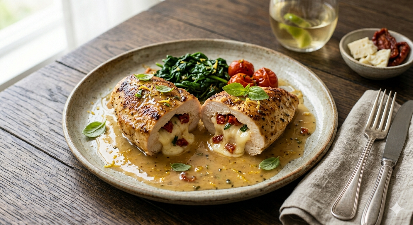 Filé de Frango Recheado com Queijo Minas e Tomate Seco ao Molho de Limão-Cravo